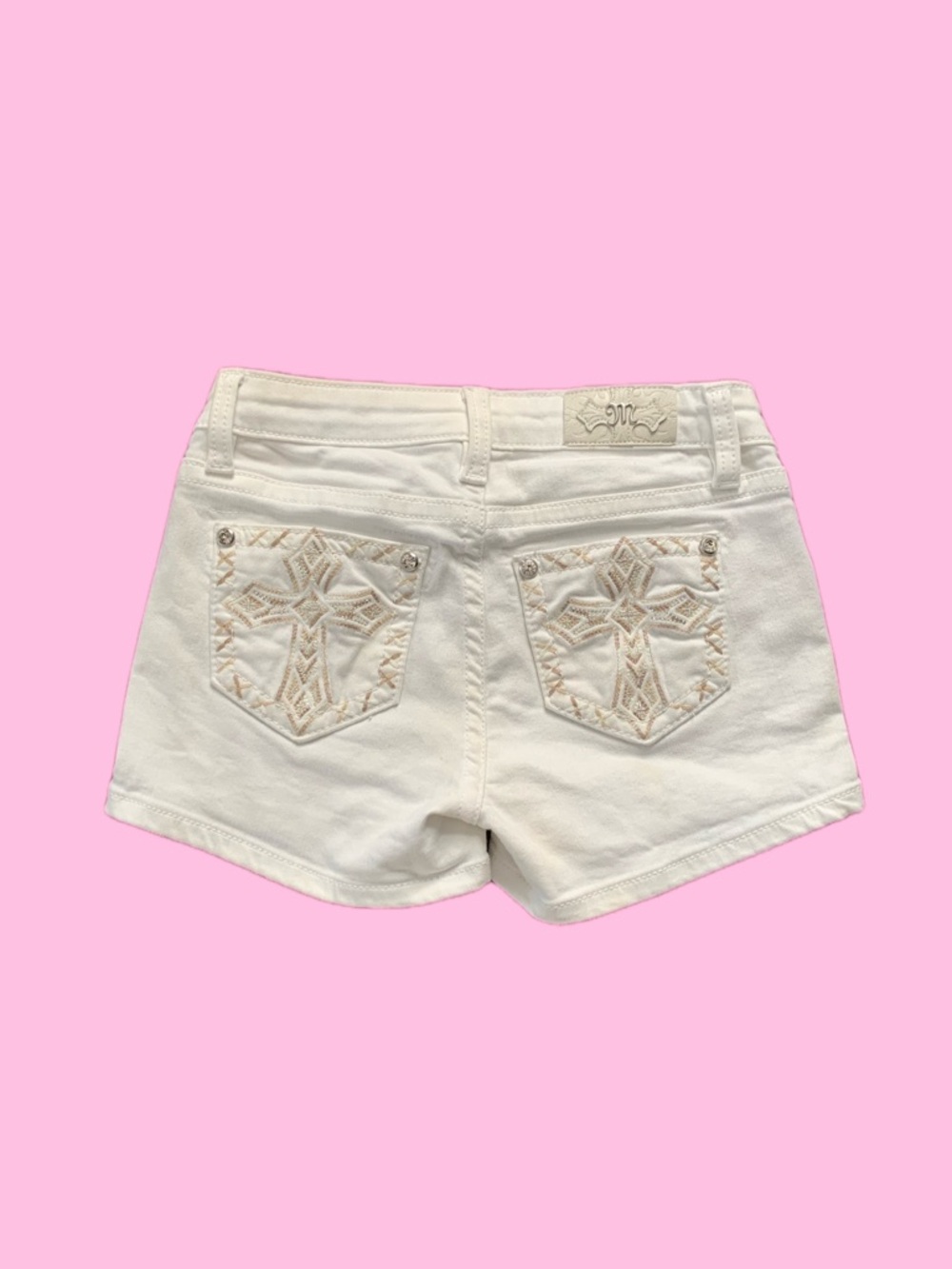 Miss Me White Denim Shorts — Slim Fit with Cross Embroidery — Size W24